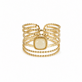 Bague Ischia en acier inoxydable doré, anneaux torsadés et pierre carrée, coloris ivoire – Cala Celestina