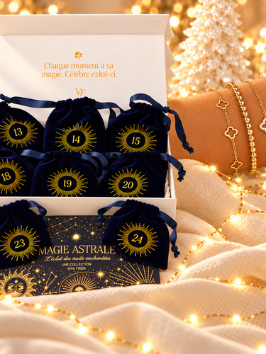Calendrier de l’Avent Magie Astrale 12 jours Viva Frida, pochons numérotés du 13 au 24 et bracelets dorés, version mobile.